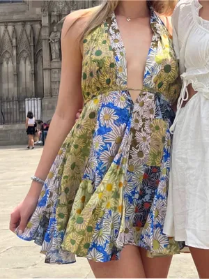 NEW ZARA halter neck short dress Backless patchwork floral Swing MEDIUM thumbnail 1