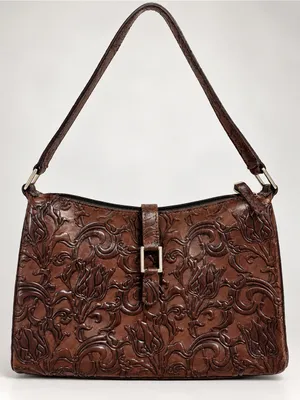 Wilsons Leather Pelle Studio Small Tooled Brown Leather Baguette Floral Y2K thumbnail 1
