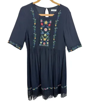 Les Amis‎ Black Floral Embroidered Boho Midi Dress Crochet Lace Hem Large thumbnail 1