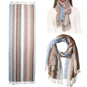 PRANA Mae Scarf Wrap Fringed Striped Tan Blue Cream Multicolored 100% Wool thumbnail 2