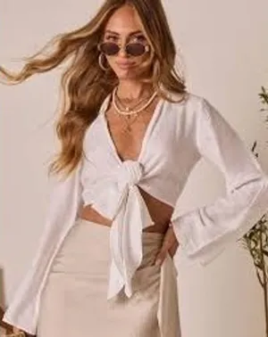 VICI Tie Front Top Womens Medium White‎ Boho Crop Bell Sleeve Textured Blouse thumbnail 1