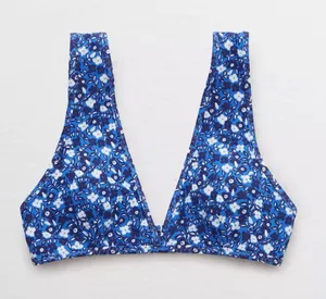 AERIE Wide Strap Plunge Bikini Top in Brilliant Blue Floral Size M thumbnail 1