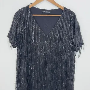 Zara Black Sequin Fringe Flapper 20s‎ Short Sleeve V Neck Mini Dress Party thumbnail 6