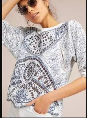 Maeve Anthropologie Ester Embroidered Tee Shirt Top White Blue XS thumbnail 1