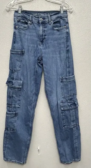 American Eagle Jeans Womens O (26x30) Cargo Super High Rise Baggy Straight Blue thumbnail 1