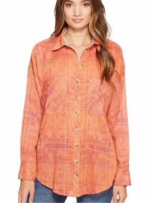 Free People Womens Orange Plaid Button Down Cotton Gauze Shirt Size Large L 1245 thumbnail 1