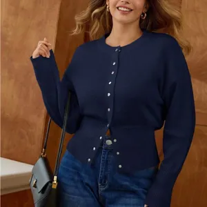 Navy Button-Front Ribbed Cardigan thumbnail 7