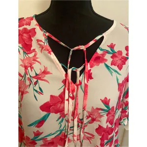 CeCe White Blouse with Pink Floral Tie-Neck Pearl Accent Peasant Top Coquette thumbnail 3