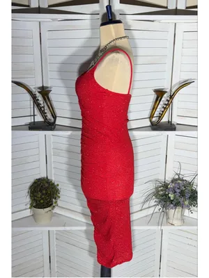 Shiny sparkle red dress ruched midi bodycon padded bra cocktail homecoming NWOT thumbnail 4