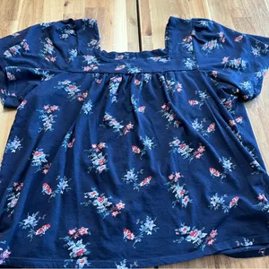Lucky Brand Floral Short Sleeve Blouse Navy Blue Size Large thumbnail 2