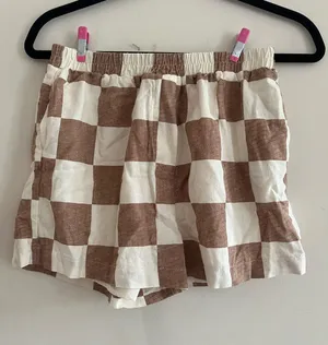 Brown White Check Print Linen Blend Shorts Small Cottagecore Picnic Western thumbnail 1