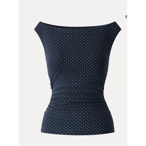 OGL Women Size XS Navy White Polka Dot Boatneck Ruched Bra Top Built-In Pads thumbnail 2