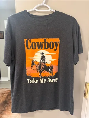 Cowboy Take Me Away Graphic Tee Dark Gray Orange Sunset Country Concert thumbnail 2