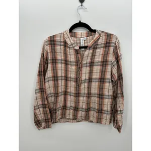 Grace + Karma Plaid Pintuck Blouse Sz S Rust Tan Cotton Country Chic Western thumbnail 2