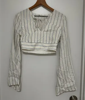 Tularosa x Revolve | Striped Blue Gold Metallic Bell Sleeve V-Neck Crop Top, S‎ thumbnail 1