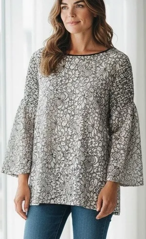 Loft Top Lace Mesh Boho Goth Formal Black White Floral Smocked Wide Sleeve SZ XL thumbnail 1