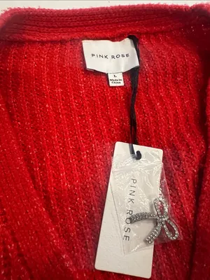 Pink Rose red knit oversized cropped sweater with jewel bow buttons size L NWT thumbnail 2