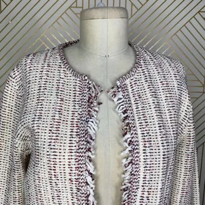 Theory Galinne Speckle Boucle Knit Fringe Sweater Jacket Cream Red Size Small‎ thumbnail 4