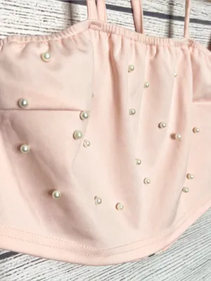 Pink Pearl Two-Piece Set Embellished Off Shoulder Crop Top & Shorts Size Small thumbnail 7