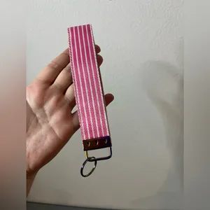 Handmade Pink White Striped Preppy Satin Canvas Key fob Wristlet Keychain Barbie thumbnail 3