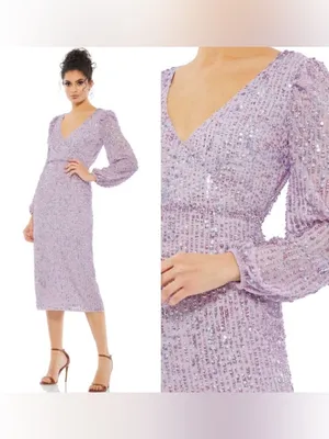 Mac Duggal Lavender Sequined Illusion Puff Sleeve Midi Dress 6 $298 107641 thumbnail 2
