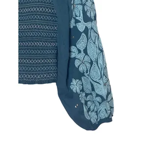 Anthropologie Teal‎ Smocked Embroidered Puff Sleeve Crop Top XS Floral Boho thumbnail 2