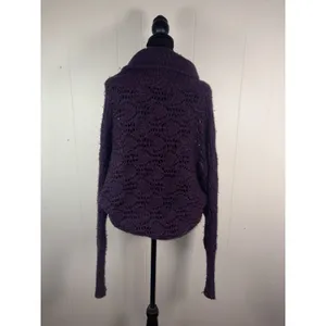 Free People Sweater Cardigan Wool Blend 4 Snap Purple Open Weave Chunky Knit M thumbnail 4