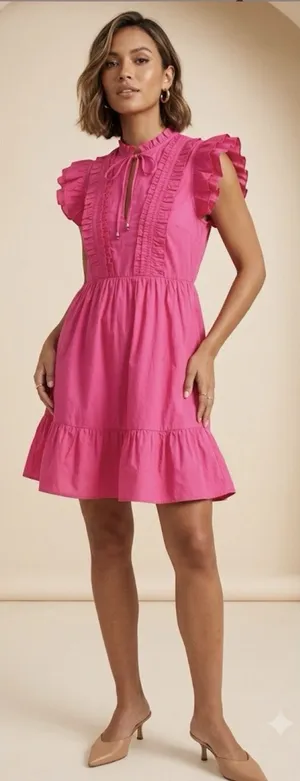 Caroline Constas Designer Tiered Ruffled Mini Dress Hot‎ Pink 100% Cotton thumbnail 1