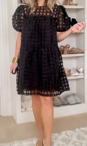TCEC Black Organza Gridded Puff Sleeve Dress thumbnail 1