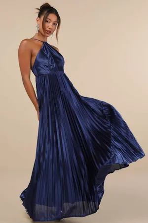 NWT Lulus Elaborate Charm Navy Blue Satin Pleated Backless Maxi Dress Gala Sz XL thumbnail 1