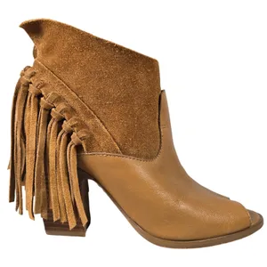 Marc Fisher Tan Leather Suede Fringe Peep Toe Ankle Boots Brown‎ Wood Heel 9 thumbnail 2