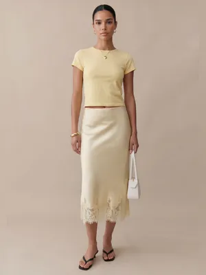 NWT Evren Silk Midi Skirt size Small S Lace trim butter yellow o.p.t thumbnail 2