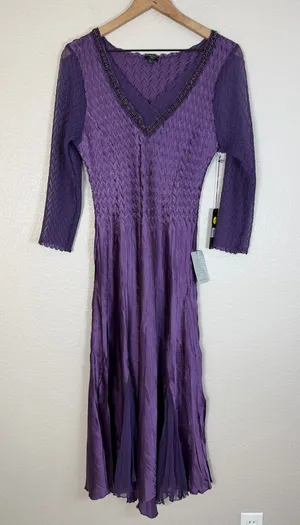 Komarov Beaded Neck Chiffon Charmeuse Midi Dress Purple Large NEW $335 thumbnail 1