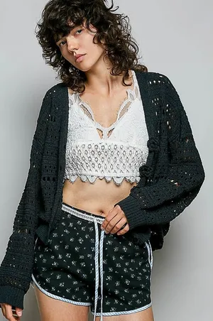 POL Open-Knit Floral Button‎ Cardigan - Small thumbnail 1
