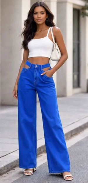 ZARA Cutout Waist Wide Leg Jeans Blue High Rise Size 0 Trendy Statement Denim thumbnail 1