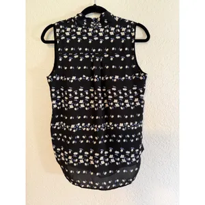 Ann Taylor Blouse Black S Women Floral Tie Neck LayeringSleeveless Office Casual thumbnail 9