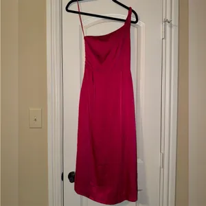 AMUR Deena One Shoulder Midi Dress in Rosie Raspberry‎ Hot Pink Satin Cut Out 4 thumbnail 5