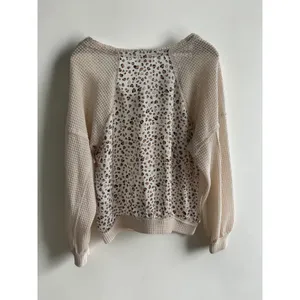 Umgee Mixed Media Leopard Heart Print Waffle Knit Top Cream Tan Medium thumbnail 2