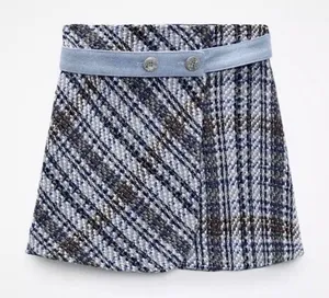 ZARA Mini Skirt Tweed Denim‎ Waist Women XL Blue White Plaid Wrap NWT thumbnail 1
