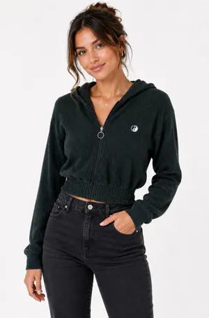 Gilly Hicks Black Cropped Terry Zip Hoodie XS Y2K Lounge Athleisure Yin Yang thumbnail 1