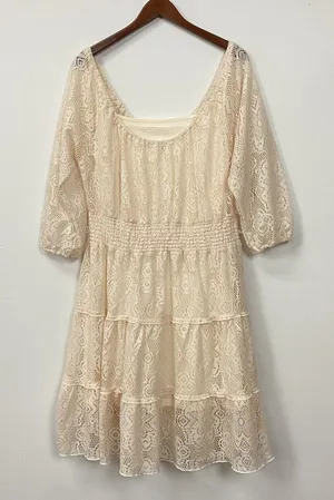 Allison Britney Beige Cream Lace Tiered Lined‎ Midi Dress Sz L Boho Off Shoulder thumbnail 1