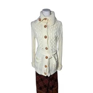 Vintage Belted Cable Knit Portrait Collar Cardigan Cream Korea M Medium thumbnail 4