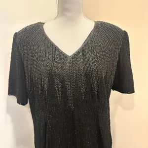 Vintage 80s Stenay Woman‎ Black Silk Beaded Sequin Cocktail Shift Dress Art Deco thumbnail 3