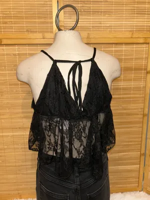 Black lace halter top with adjustable straps deep V-neckline lace cami XL thumbnail 3