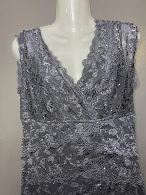 Blu Sage Dress Womens 10 Gray Lace Beaded V Neck Sheath Knee Length Party Formal thumbnail 1