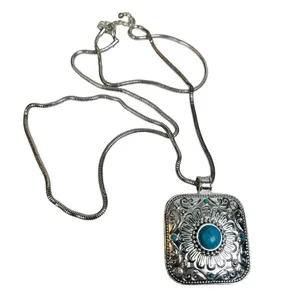 Vintage Silver Tone “Roman” Enameled Floral Etched Pendant W Faux Turquoise Ston thumbnail 1