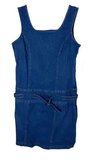Vintage Forenza Blue Denim Mini Dress Sleeveless Belted Stretch Size 12 90s Y2K thumbnail 1