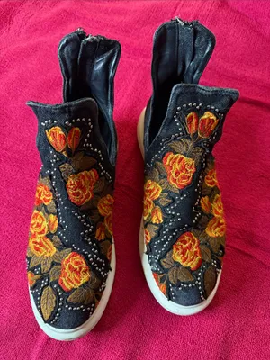 Jeffrey Campbell Black Slip-On Sneakers with Orange and Yellow Floral Embroidery thumbnail 1