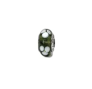 Pandora White Flowers Green Murano Glass Authentic Bead Charm thumbnail 1