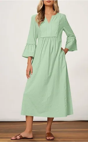 NEW Merokeety Peasant Maxi Dress Sage Pistachio Green Boho Cottagecore Modest L thumbnail 1